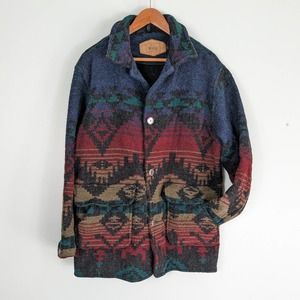 Woolrich Wool Blend Coat Aztec Southwestern Western Navy Red Green Jacket USA L